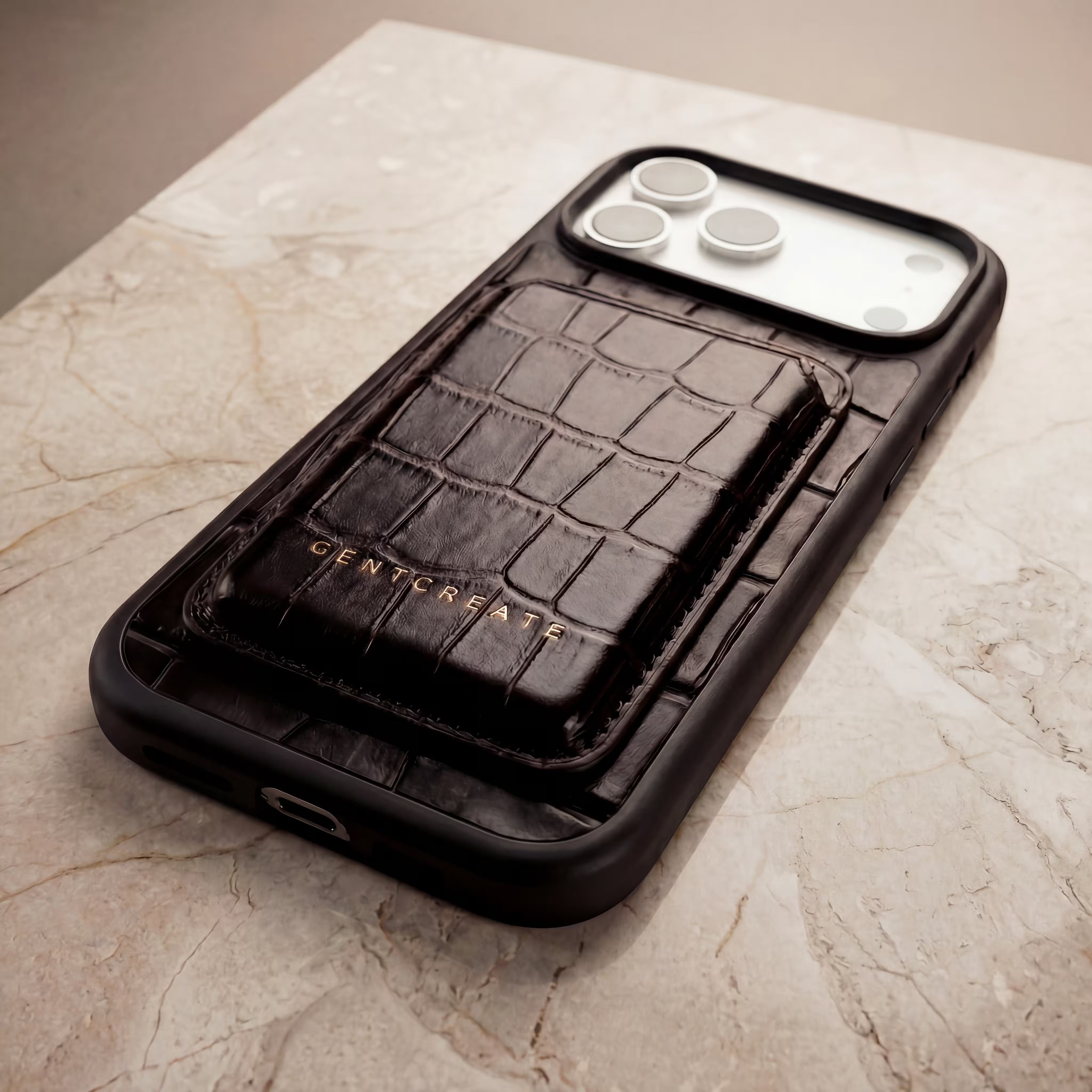 Black crocodile leather MagSafe cardholder mounted on an iPhone 17 Pro Max by GENTCREATE